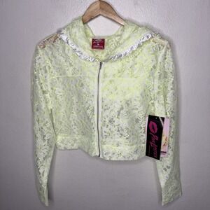 Pink Lipstick Luxurious Lace Cropped Hoodie Neon Green Womens Large Jacket‎ Top